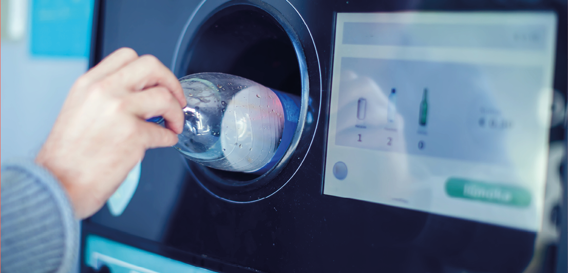 Shoppers return their bottles and cans of reusable packagings in a reverse vending machine.