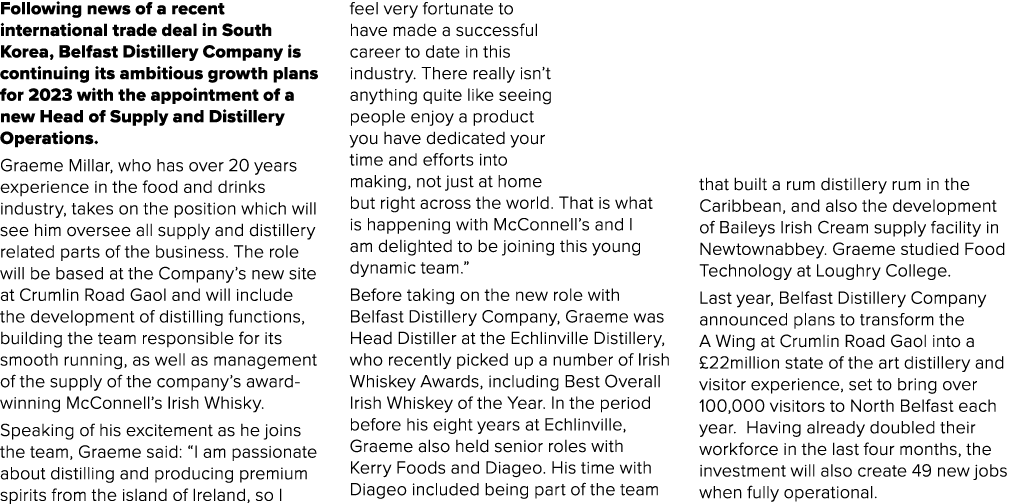 Following news of a recent international trade deal in South Korea, Belfast Distillery Company is continuing its ambi...