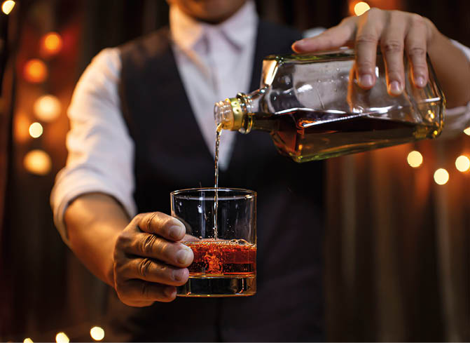 Bartender Serve Whiskey, on wood bar, 