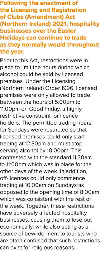 Following the enactment of the Licensing and Registration of Clubs (Amendment) Act (Northern Ireland) 2021, hospitali...