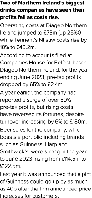 Two of Northern Ireland’s biggest drinks companies have seen their profits fall as costs rise. Operating costs at Dia...
