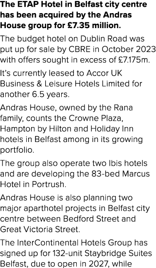 The ETAP Hotel in Belfast city centre has been acquired by the Andras House group for £7.35 million. The budget hotel...