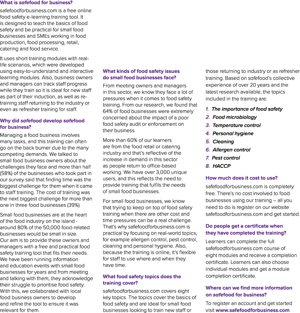 What is safefood for business? safefoodforbusiness.com is a free online food safety e learning training tool. It is d...