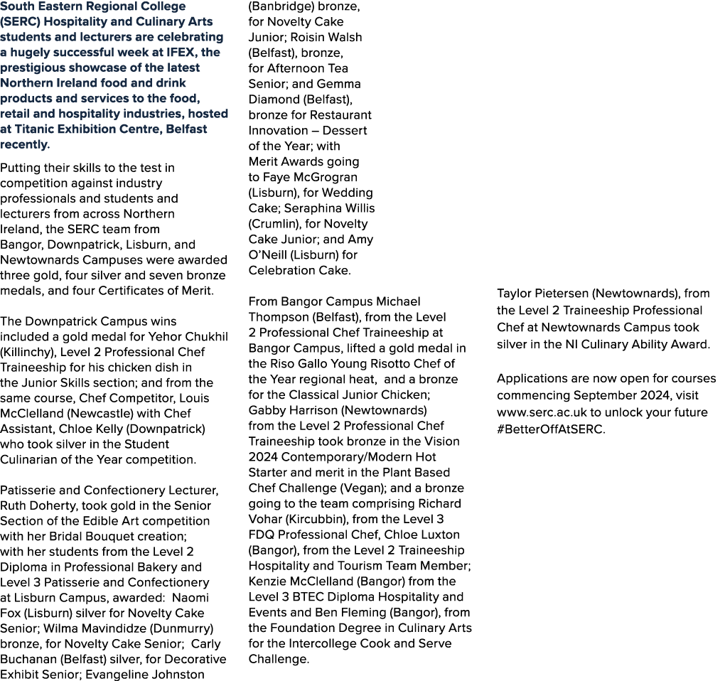 South Eastern Regional College (SERC) Hospitality and Culinary Arts students and lecturers are celebrating a hugely s...