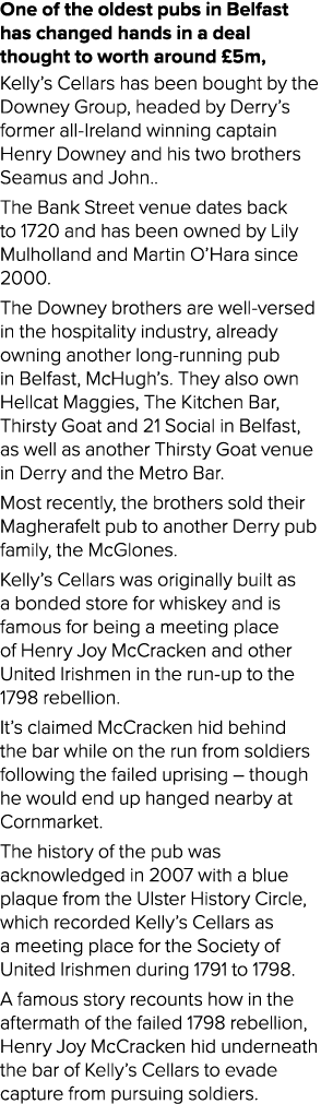 One of the oldest pubs in Belfast has changed hands in a deal thought to worth around £5m, Kelly’s Cellars has been b...