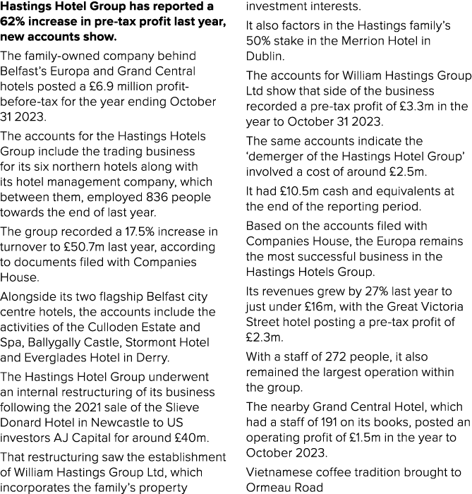Hastings Hotel Group has reported a 62% increase in pre-tax profit last year, new accounts show. The family-owned com...