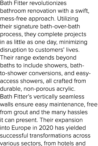 Bath Fitter revolutionizes bathroom renovation with a swift, mess-free approach. Utilizing their signature bath-over-...