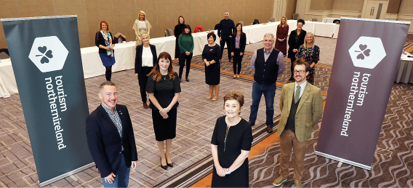 Press Eye - Belfast, Northern Ireland - 13th  October  2020  Photo by Darren Kidd    Presseye  Pictured at the Crowne Plaza Belfast (front L to R) are Michael Dalton, SITE Ireland Chapter and Joanne Taylor, Tourism NI together with Eimear Callaghan from Tourism NI (at back) and 13 NI industry representatives from Crowne Plaza Belfast, Galgorm Spa and Golf Resort, The Merchant Hotel Belfast, The Fitzwilliam Hotel Belfast, Bespoke Business Events, Lough Erne Resort, Dalriada Kingdom Tours, NI Food Tours, Dee Tours Ireland, Away A Wee Walk, Montalto Estate, and Hillsborough Castle and Gardens 