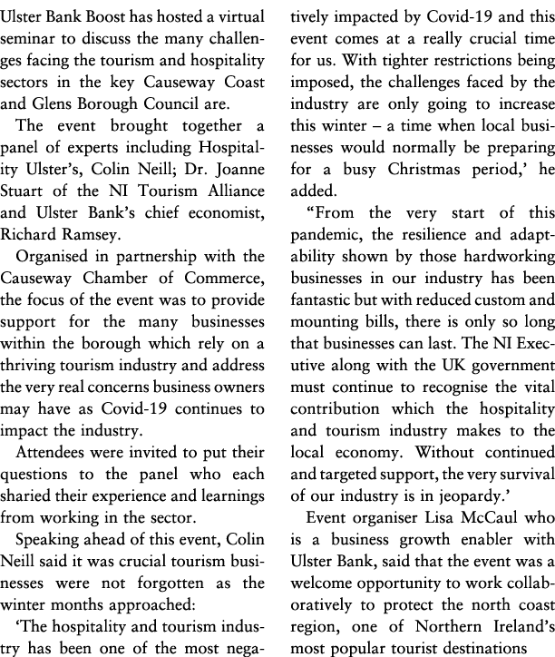 Ulster Bank Boost has hosted a virtual seminar to discuss the many challenges facing the tourism and hospitality sect   