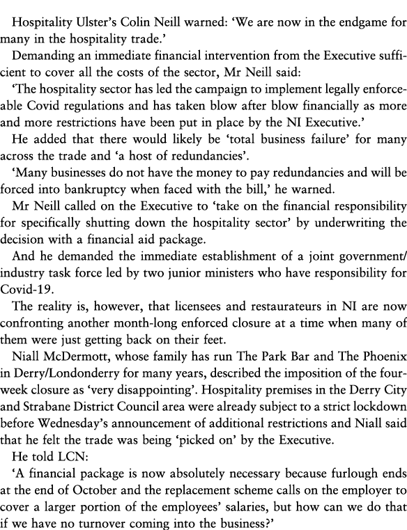 Hospitality Ulster s Colin Neill warned:  We are now in the endgame for many in the hospitality trade   Demanding an    