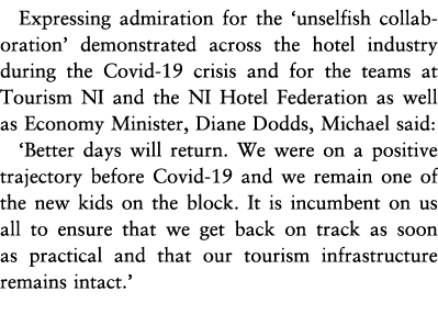 Expressing admiration for the  unselfish collaboration  demonstrated across the hotel industry during the Covid-19 cr   