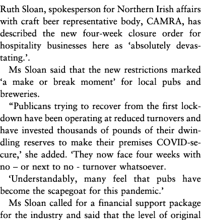 Ruth Sloan, spokesperson for Northern Irish affairs with craft beer representative body, CAMRA, has described the new   