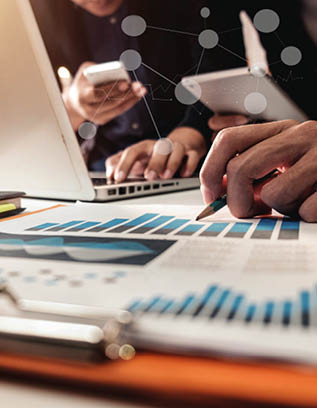 Double exposure of success businessman working in office with digital tablet laptop computer and smart phone in morning light