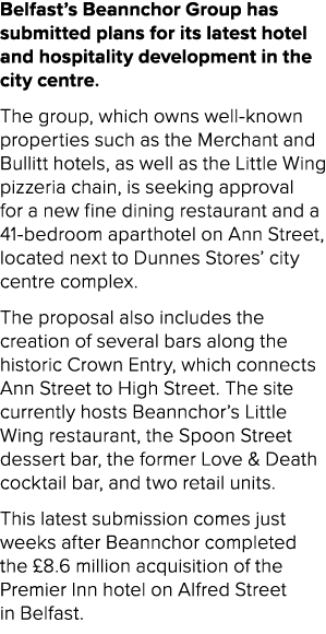 Belfast’s Beannchor Group has submitted plans for its latest hotel and hospitality development in the city centre. Th...