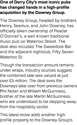 One of Derry City’s most iconic pubs has changed hands in a high profile acquisition by the Downey Group. The Downey ...