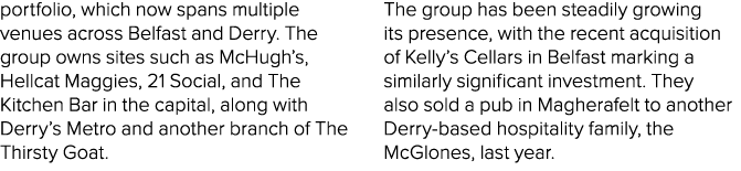 portfolio, which now spans multiple venues across Belfast and Derry. The group owns sites such as McHugh’s, Hellcat M...