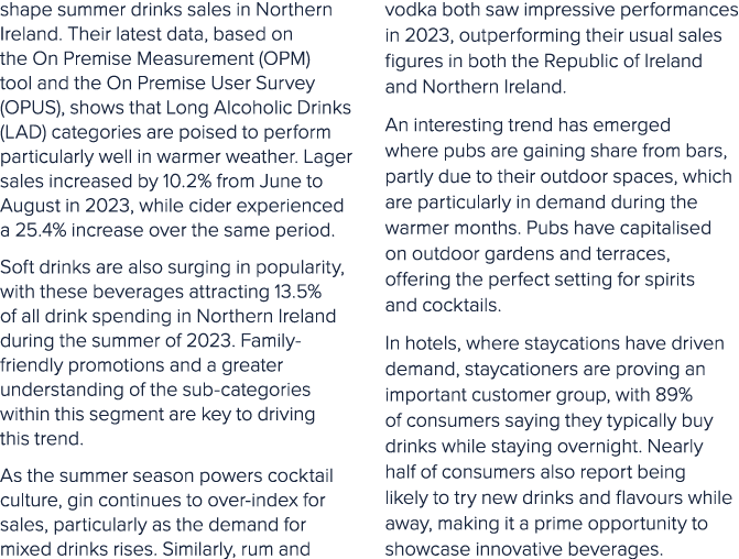 shape summer drinks sales in Northern Ireland. Their latest data, based on the On Premise Measurement (OPM) tool and ...