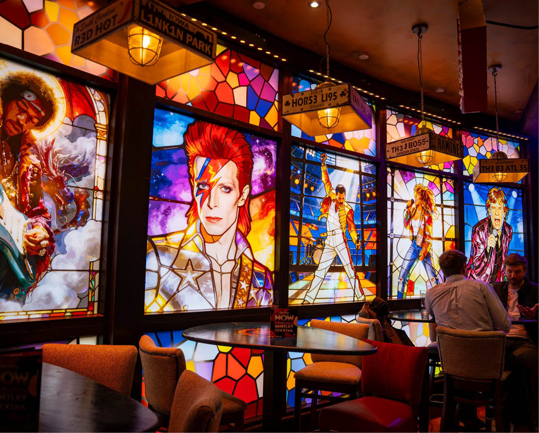 A restaurant with stained glass windows. Description generated by AI