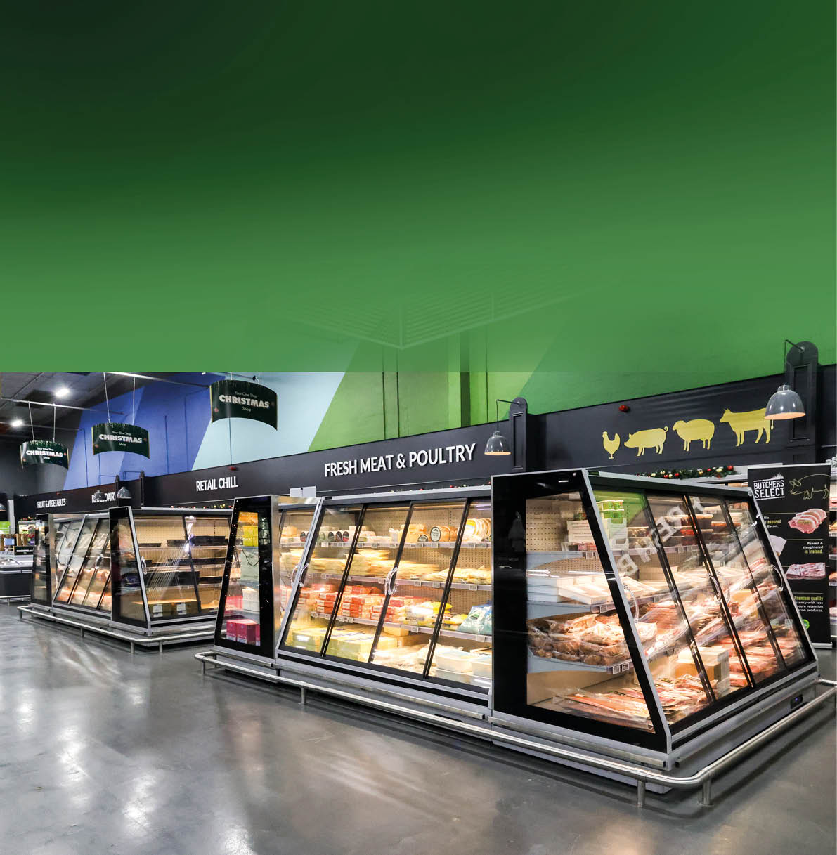 A large display case in a grocery store with a variety of foods. Description generated by AI