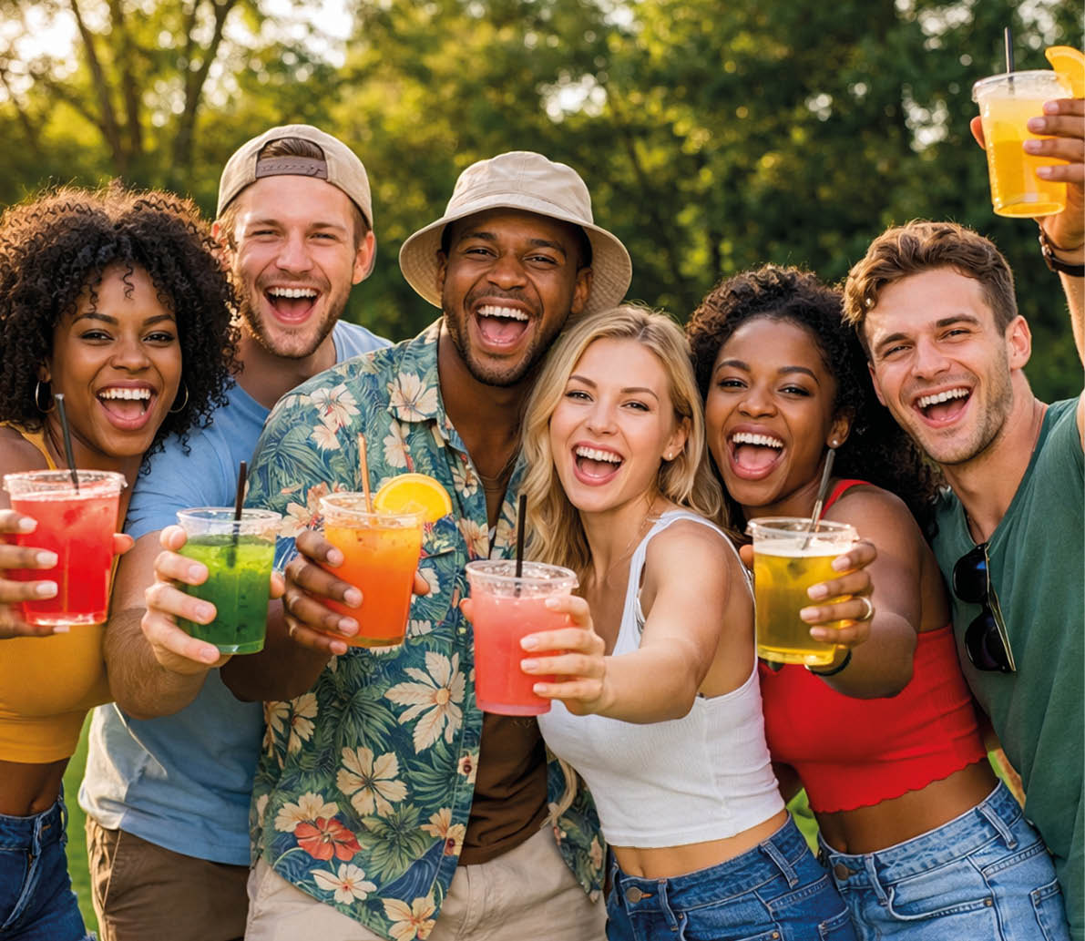 A group of people holding drinks in their hands. Description generated by AI