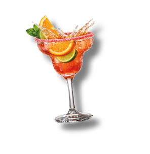 A glass of red drink with a slice of orange and lime. Description generated by AI