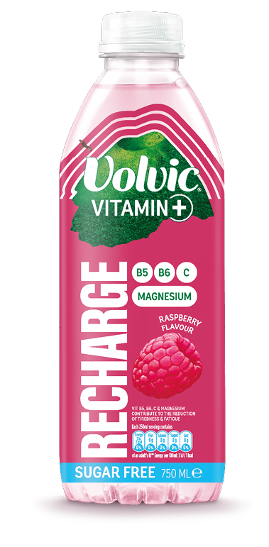 A bottle of Volvic vitamin water with a pink label. Description generated by AI