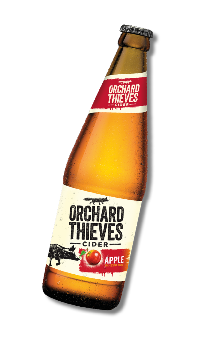 A bottle of Orchard Thieves cider. Description generated by AI