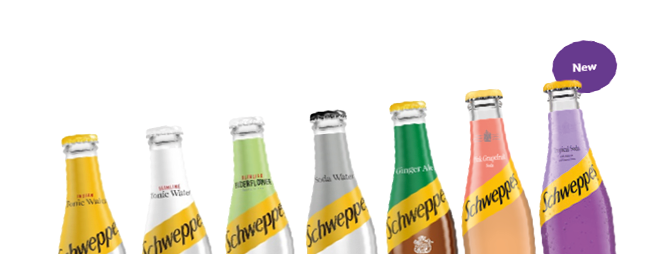 A row of bottles of different flavors of soda. Description generated by AI