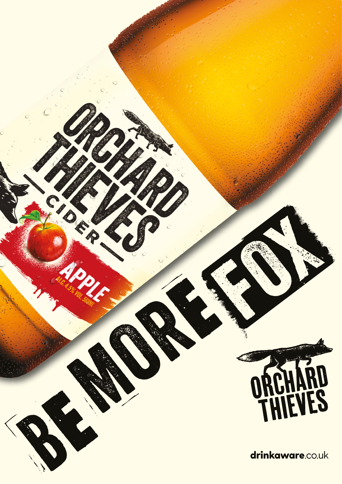 A bottle of apple cider by Orchard Thieves. Description generated by AI