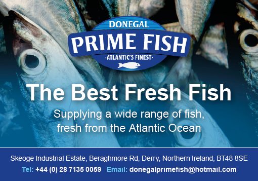 A blue and white advertisement for fresh fish. Description generated by AI