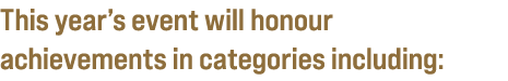 This year’s event will honour achievements in categories including: