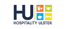 The logo features the letters HU with four colorful squares depicting a glass and wine glass, a plate with fork and knife, a steaming cup, and a bed, accompanied by the text Hospitality Ulster. Description generated by AI