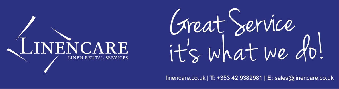 A blue banner featuring the Linencare logo with the tagline Great Service it's what we do and contact information for linen rental services. Description generated by AI