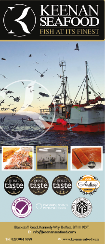 A brochure for Keenan Seafood with a picture of a boat on the front. Description generated by AI