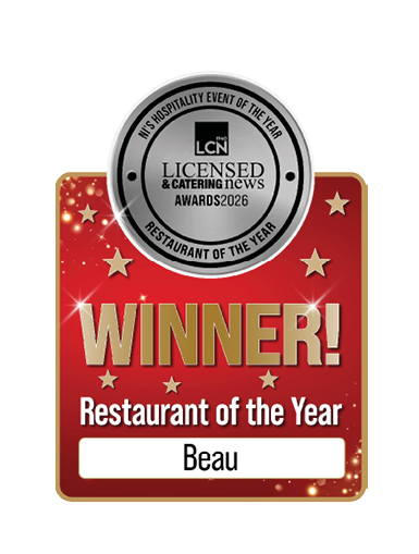 A red and gold award plaque with stars announces the winner of the Licensed & Catering News Awards 2026 for Restaurant of the Year named Beau. Description generated by AI