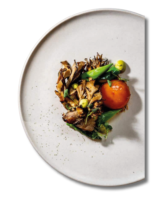 A minimalist plate features a small, artfully arranged serving of saut ed mushrooms, green vegetables, and a roasted tomato with a light sprinkle of herbs. Description generated by AI