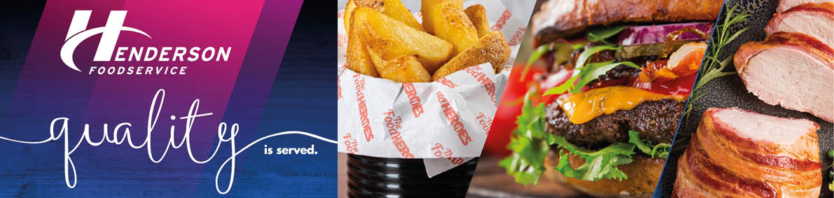 A colorful banner featuring the Henderson Foodservice logo with the phrase “quality is served" alongside close-up images of fries, a cheeseburger, and sliced smoked meat. Description generated by AI