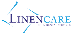 The logo features the word “LINENCARE" with "LINEN" in dark purple and "CARE" in light blue, accompanied by the phrase "LINEN RENTAL SERVICES" below in smaller dark purple text, framed by four curved blue lines forming a diamond shape. Description generated by AI