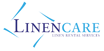 LinenCare logo featuring the word “LINEN" in dark purple and "CARE" in light blue with a diamond-shaped design formed by four curved blue lines around the text and the phrase "LINEN RENTAL SERVICES" below in smaller dark purple font. Description generated by AI