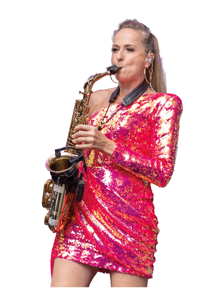 Person with long hair playing a saxophone while wearing a shiny, bright pink and gold sequined dress with one shoulder exposed. Description generated by AI