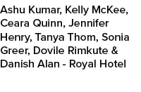 Ashu Kumar, Kelly McKee, Ceara Quinn, Jennifer Henry, Tanya Thom, Sonia Greer, Dovile Rimkute & Danish Alan Royal Hotel 