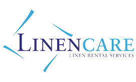 The logo features the word “LINENCARE" with "LINEN" in dark purple and "CARE" in light blue, accompanied by the phrase "LINEN RENTAL SERVICES" below in smaller dark purple text, framed by four light blue curved lines forming a diamond shape. Description generated by AI