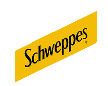 The word “Schweppes" is displayed in black italicized letters on a diagonal yellow banner against a white background. Description generated by AI