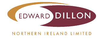 Edward Dillon Northern Ireland Limited logo featuring stylized text with a curved gold swoosh and maroon oval background. Description generated by AI