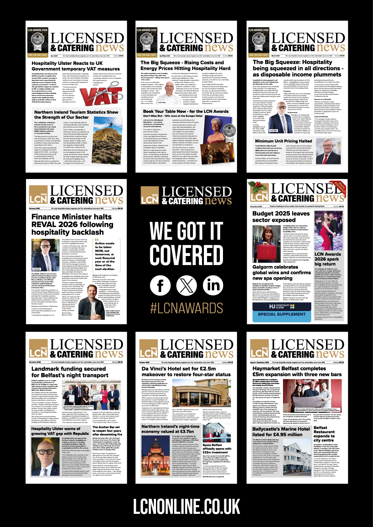 Nine front pages of Licensed & Catering News featuring headlines about hospitality industry challenges, awards, funding, and sector updates, with a central panel promoting coverage of the LCN Awards. Description generated by AI