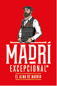 A person with a beard wearing a flat cap, white shirt, and checkered vest with a red flower stands above the text “MADRI EXCEPCIONAL EL ALMA DE MADRID" on a red background. Description generated by AI