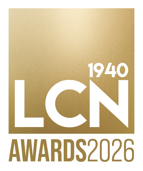 A gold and white logo for the 1940 LCN Awards. Description generated by AI