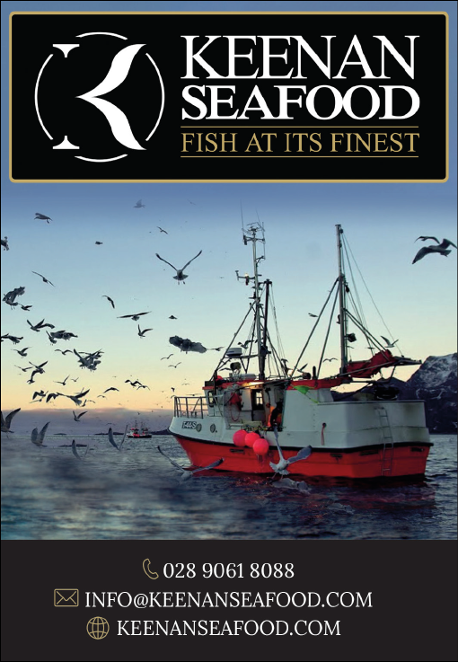 A fishing boat on calm water surrounded by flying seagulls with a mountainous background and a logo for Keenan Seafood along with contact information. Description generated by AI