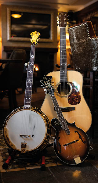 A banjo, an acoustic guitar, and a mandolin are arranged together on stands in a warmly lit room with wooden furniture and a fireplace in the background. Description generated by AI