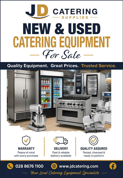 Advertisement for JD Catering Supplies offering new and used catering equipment for sale with images of commercial kitchen appliances and icons highlighting warranty, delivery, and quality assurance services. Description generated by AI